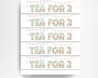 Tea Party Printable Water Bottle Labels You Print Tea for Two Pink Blue Floral INSTANT DOWNLOAD