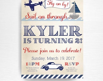 Nautical Planes Trains Automobiles Birthday Party Printable Invitation YOU PRINT Vintage Navy Blue Red Grey