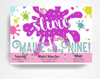 May include: A pink and green slime-themed birthday party invitation for a child turning nine. The invitation features a pink splatter with the words "It's Slime Time!" and "Maile is turning NINE!" The invitation includes the date, time, and location of the party, as well as the RSVP information.