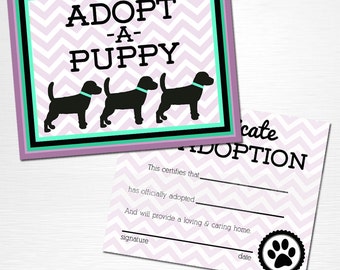 Adopt a Puppy and Certificate of Adoption Mint Purple Black Lab Dog Birthday Party YOU PRINT
