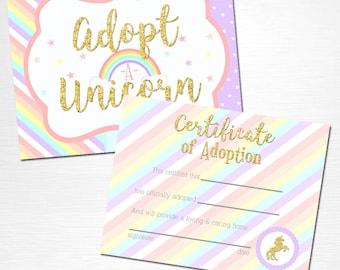 Adopt a Unicorn Certificate Unicorn Rainbow Birthday Party Printable Sign YOU Print Pastel Pink Gold
