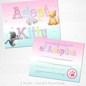 Adopt a Kitty Cat and Certificate of Adoption Rainbow Cat Birthday Party YOU PRINT