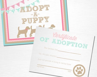 Adopt a Puppy and Certificate of Adoption Pink and Blue Lab Dog Birthday Party YOU PRINT