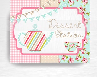 Tea Party Printable Dessert Table Station Sign You Print Tea for Two Pink Blue Floral INSTANT DOWNLOAD