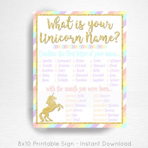May include: A printable 8x10 inch sign with a gold glitter unicorn illustration. The sign has a rainbow striped background and the text "What is your Unicorn Name?" in gold glitter. The sign instructs users to combine the first letter of their name with the month they were born to create a unicorn name.