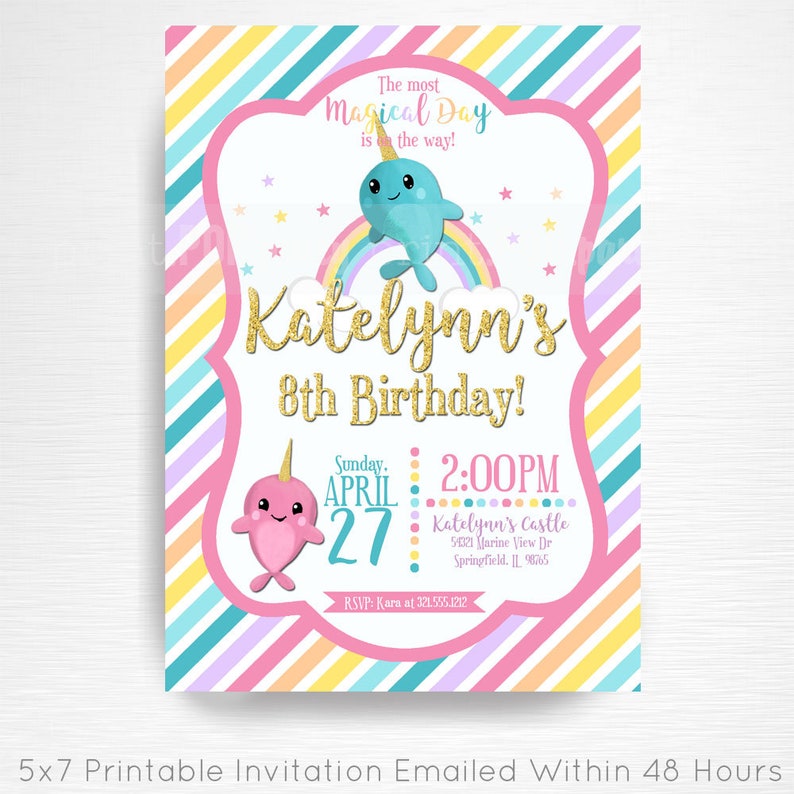 Narwhal Mythical Rainbow Birthday Party Printable Invitation | Etsy