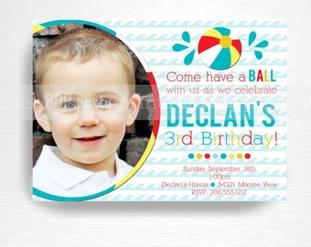 Blue Red Yellow Beach Ball Birthday Party Printable Photo Invitation YOU Print with photo