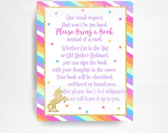 Unicorn Baby Shower Party Printable Bring a Book Card YOU PRINT Pink Lavender Aqua Gold Instant Download