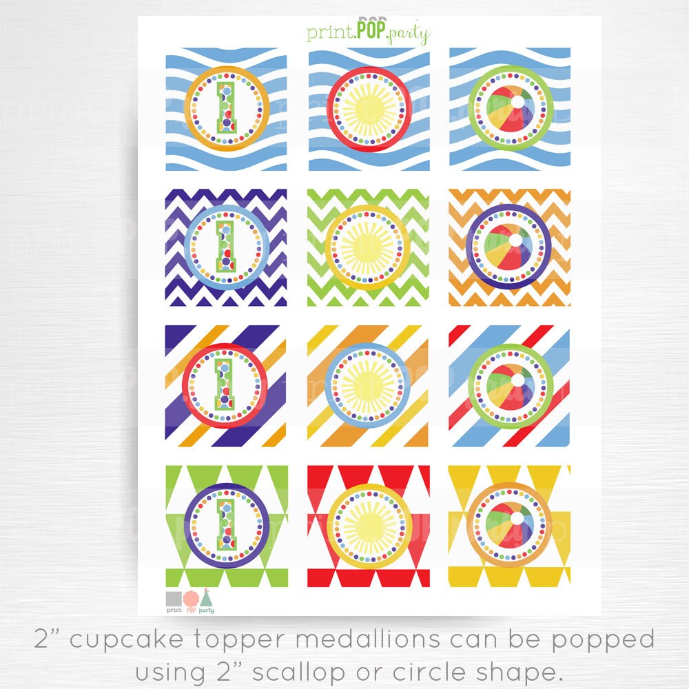 Beach Ball First Birthday Party Printable Stickers Cupcake | Etsy