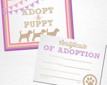 Adopt a Puppy and Certificate of Adoption Pink and Purple Lab Dog Birthday Party YOU PRINT