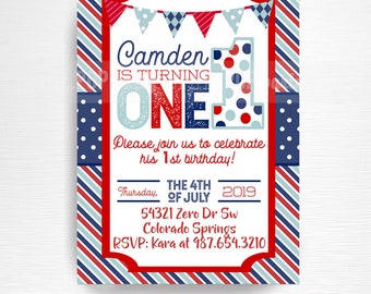 America 4th of July 1st Birthday Party Printable Invitation YOU PRINT Red White Blue