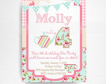 May include: A pink and blue tea party invitation for a girl turning four. The invitation features a teapot, a teacup, and a floral number four. The text on the invitation reads "Molly is turning 4. Her 4th birthday Tea Party will have so much fun in store! Saturday, January 2, 2016 2:00pm-4:00pm 2520 Augusta Hwy (Boutique) RSVP: Jessica at 555.1212"