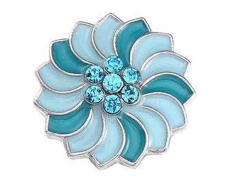 One Two-Tone Turquoise Blue Enamel & Rhinestone Pinwheel Snap Button/Charm/Chunk (for Ginger Snaps or Noosa-type Jewelry)