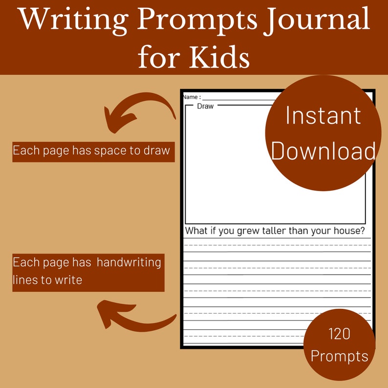 K&ouml;nnte beinhalten: Ein Schreibanregungs-Journal f&uuml;r Kinder mit Platz zum Zeichnen und Schreiblinien. Das Journal enth&auml;lt 120 Anregungen und ist sofort zum Download verf&uuml;gbar. Auf dem Cover steht "Writing Prompts Journal for Kids".