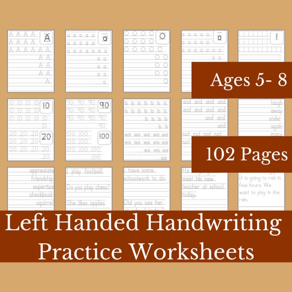 Left-Handed Handwriting Practice Worksheets | Ages 5 - 8 | Trace & Write Letters, Numbers, Words and Sentences | Kindergarten, First Graders