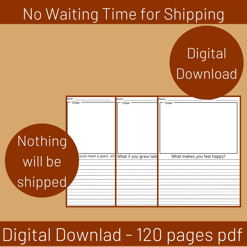 K&ouml;nnte beinhalten: Ein digitaler Download mit dem Text &bdquo;Keine Wartezeit f&uuml;r den Versand&ldquo; und &bdquo;Digitaler Download&ldquo;. Das Bild zeigt ein ausdruckbares Arbeitsblatt mit Zeichenfeldern und Schreiblinien. Der Text &bdquo;Nichts wird versendet&ldquo; ist ebenfalls enthalten.