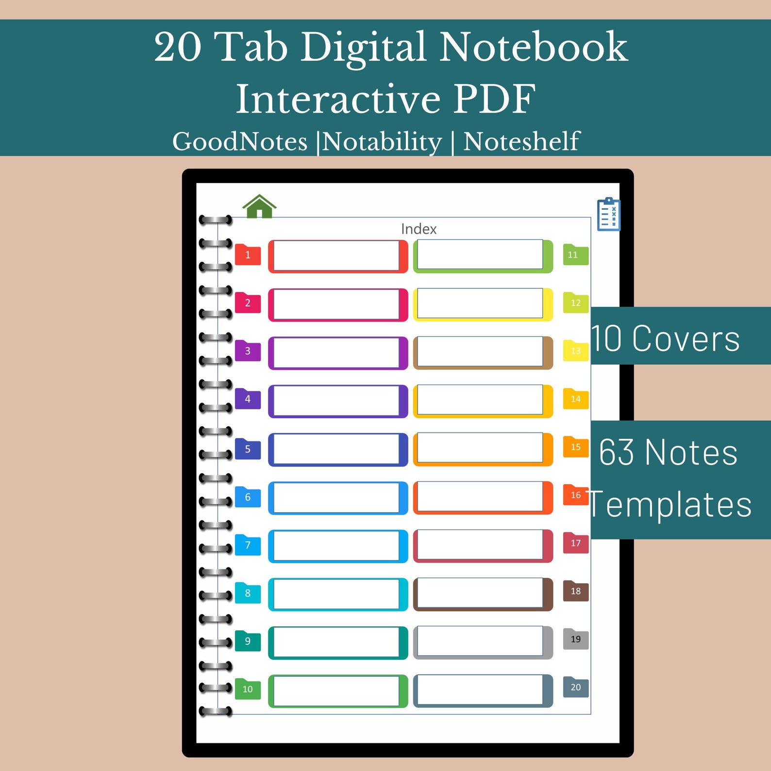 20-tab Digital Notebook: Interactive PDF With 63 Page Templates ...