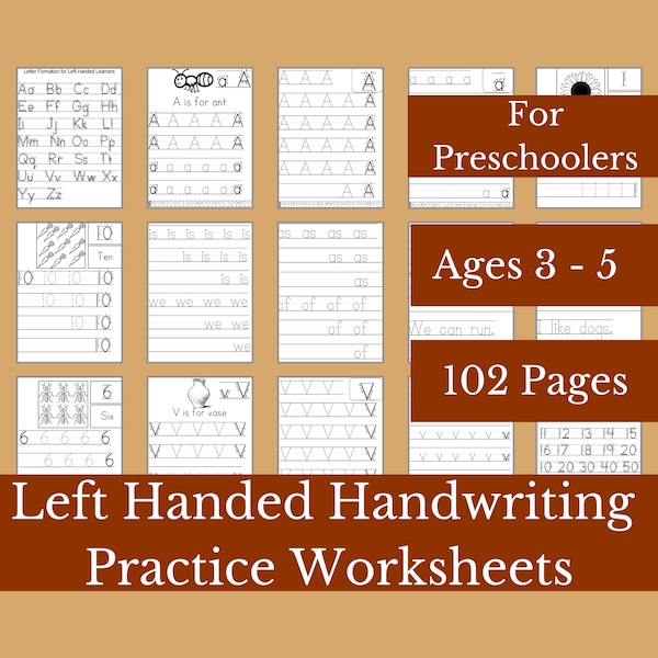Werkbladen voor linkshandig schrijven voor kleuters | Leeftijden 3 - 5 | Traceer en schrijf letters, cijfers, woorden en eenvoudige zinnen!