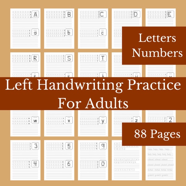 Werkbladen voor linkshandig schrijven voor volwassenen en grote kinderen | Traceer en schrijf letters, cijfers en woorden| Middelbare en middelbare schoolkinderen