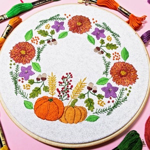 Autumn Embroidery Kit, Floral Embroidery, Wreath Embroidery, Flowers Embroidery Set, Pumpkin Embroidery, Intermediate Embroidery, Craft Kit image 2