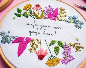Custom Quote Embroidery Fabric Panel, Customisable Hand Embroidery For Beginners, Wildflowers Easy Craft Kit, Embroidery Kit With Pattern