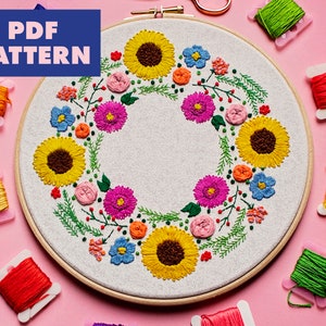 Patrón de bordado de verano, diseño de bordado de corona, bordado de girasol, diseño de bordado floral, descarga digital, patrón PDF