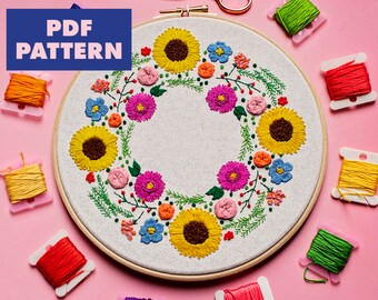 Summer Embroidery Pattern, Wreath Embroidery Design, Sunflower Embroidery, Floral Embroidery Design, Digital Download, PDF Pattern