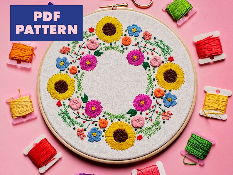 Summer Embroidery Pattern, Wreath Embroidery Design, Sunflower Embroidery, Floral Embroidery Design, Digital Download, PDF Pattern image 1