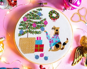 Christmas Tree Cat Embroidery Fabric Panel, Kitty Hand Embroidery For Beginners, Modern Festive Embroidery, Cute Craft Kit, Kit With Pattern