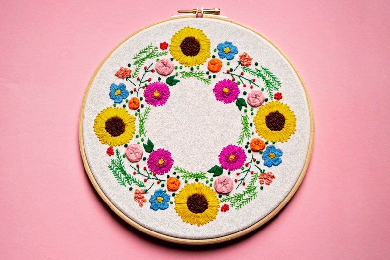 Summer Embroidery Pattern, Wreath Embroidery Design, Sunflower Embroidery, Floral Embroidery Design, Digital Download, PDF Pattern image 4