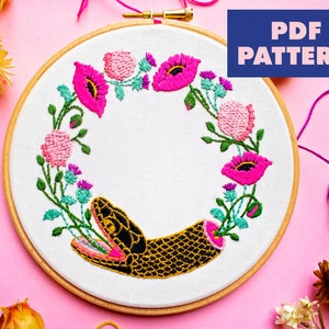 Snake Embroidery Pattern, Folklore Ouroboros Embroidery Design, Modern Floral Embroidery, Floral Digital Download, PDF Pattern