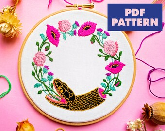 Snake Embroidery Pattern, Folklore Ouroboros Embroidery Design, Modern Floral Embroidery, Floral Digital Download, PDF Pattern
