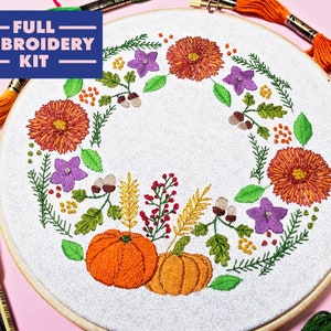 Autumn Embroidery Kit, Floral Embroidery, Wreath Embroidery, Flowers Embroidery Set, Pumpkin Embroidery, Intermediate Embroidery, Craft Kit image 1