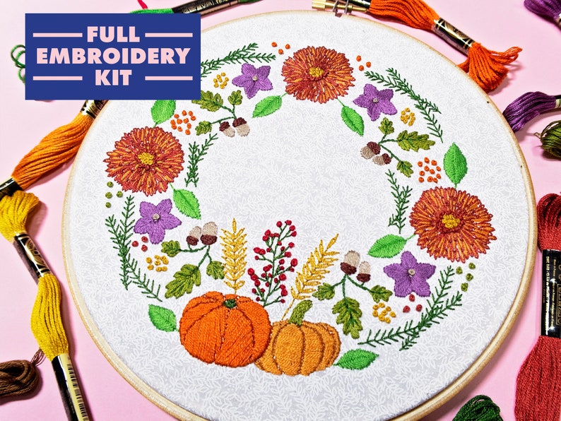 Autumn Embroidery Kit, Floral Embroidery, Wreath Embroidery, Flowers Embroidery Set, Pumpkin Embroidery, Intermediate Embroidery, Craft Kit image 1
