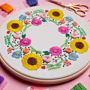 Hand Embroidery Kit, Floral Embroidery For Beginners, Wreath Embroidery Kit, Flowers Embroidery Set, Sunflower Embroidery, DIY Craft Kit image 3