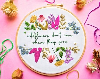 Wildflowers Quote Embroidery Fabric, Spring Hand Embroidery For Beginners, Easy Flowers Embroidery, DIY Crafts With Pattern