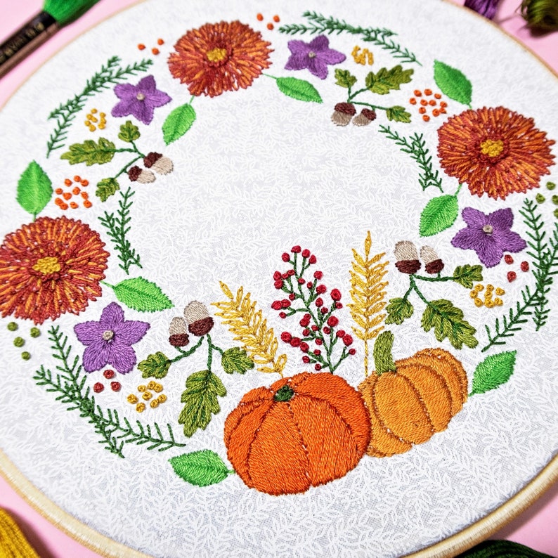 Autumn Embroidery Kit, Floral Embroidery, Wreath Embroidery, Flowers Embroidery Set, Pumpkin Embroidery, Intermediate Embroidery, Craft Kit image 7