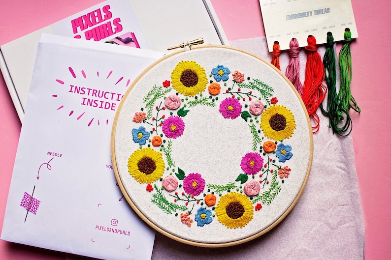 Hand Embroidery Kit, Floral Embroidery For Beginners, Wreath Embroidery Kit, Flowers Embroidery Set, Sunflower Embroidery, DIY Craft Kit image 8