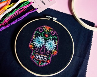 Sugar Skull Embroidery Fabric Panel, Beginners Embroidery Kit, Day of the Dead, DIY Crafts, Embroidery Fabric With Pattern, Día de Muertos