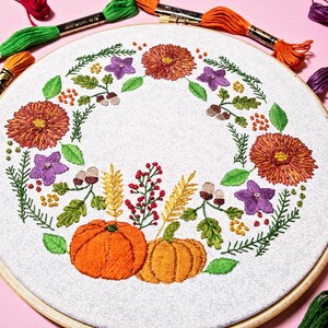 Autumn Embroidery Kit, Floral Embroidery, Wreath Embroidery, Flowers Embroidery Set, Pumpkin Embroidery, Intermediate Embroidery, Craft Kit image 6