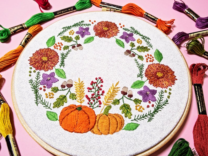 Autumn Embroidery Kit, Floral Embroidery, Wreath Embroidery, Flowers Embroidery Set, Pumpkin Embroidery, Intermediate Embroidery, Craft Kit image 6