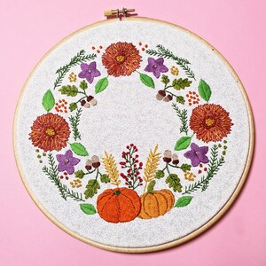 Autumn Embroidery Kit, Floral Embroidery, Wreath Embroidery, Flowers Embroidery Set, Pumpkin Embroidery, Intermediate Embroidery, Craft Kit image 3