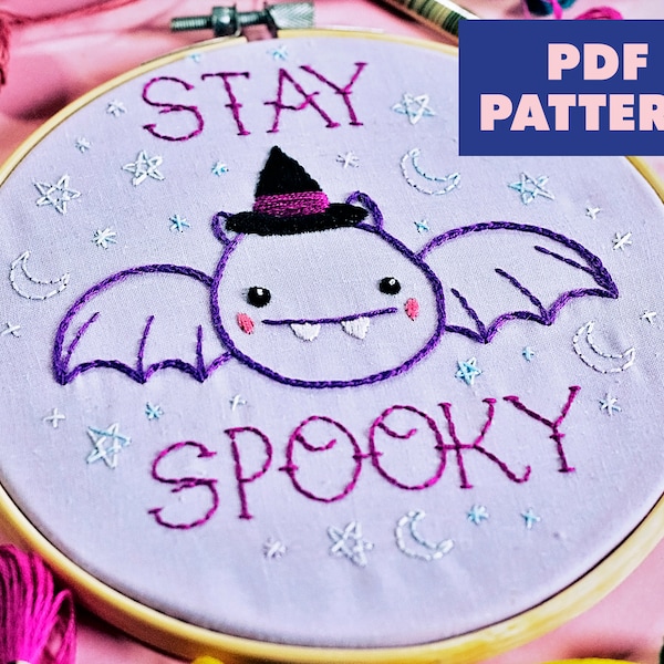 Halloween Embroidery Pattern, Spooky Embroidery, Bat Embroidery, Witch Embroidery PDF Pattern, Beginner, Embroidery Design, Digital Download