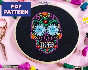 Sugar Skull Embroidery Pattern, Skull Embroidery, Day of the Dead Embroidery, Beginner Embroidery Design, Digital Download, PDF Pattern