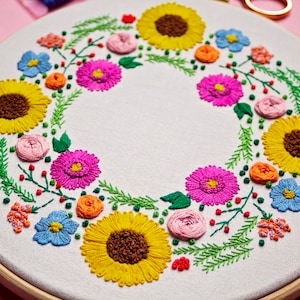 Hand Embroidery Kit, Floral Embroidery For Beginners, Wreath Embroidery Kit, Flowers Embroidery Set, Sunflower Embroidery, DIY Craft Kit image 5