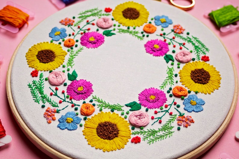 Hand Embroidery Kit, Floral Embroidery For Beginners, Wreath Embroidery Kit, Flowers Embroidery Set, Sunflower Embroidery, DIY Craft Kit image 5