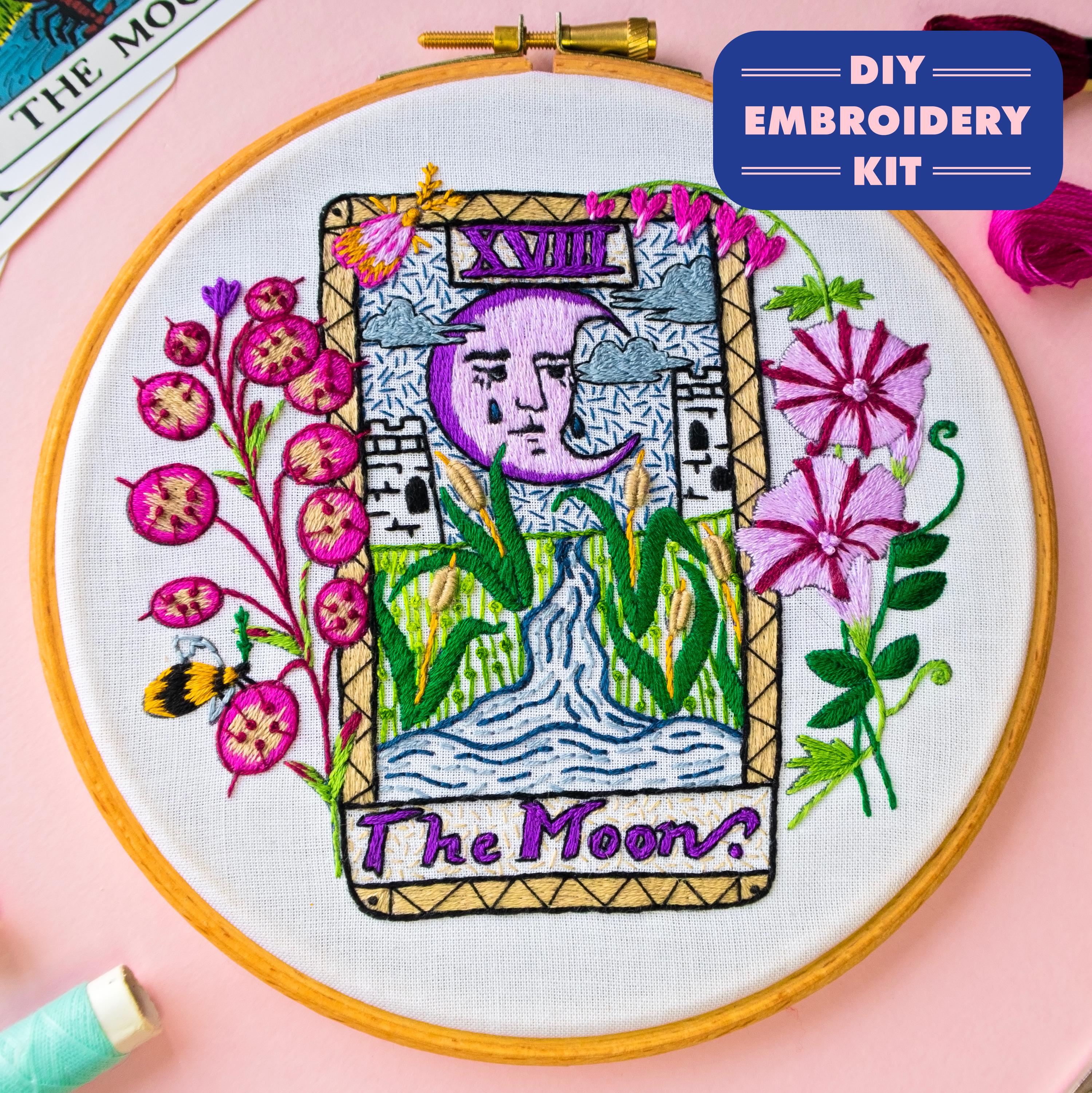The Moon Tarot Card Embroidery Kit, Modern Embroidery, Witchy Celestial Embroidery Kit With Pattern, Gothic Craft Kit, Fortune Teller Gift