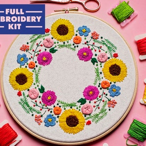 Hand Embroidery Kit, Floral Embroidery For Beginners, Wreath Embroidery Kit, Flowers Embroidery Set, Sunflower Embroidery, DIY Craft Kit image 1