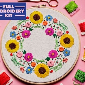 Hand Embroidery Kit, Floral Embroidery For Beginners, Wreath Embroidery Kit, Flowers Embroidery Set, Sunflower Embroidery, DIY Craft Kit