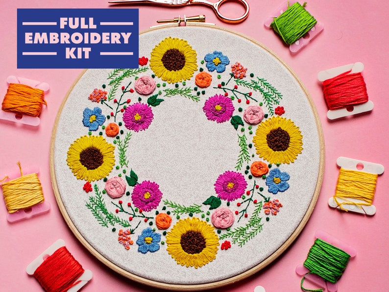 Hand Embroidery Kit, Floral Embroidery For Beginners, Wreath Embroidery Kit, Flowers Embroidery Set, Sunflower Embroidery, DIY Craft Kit image 1